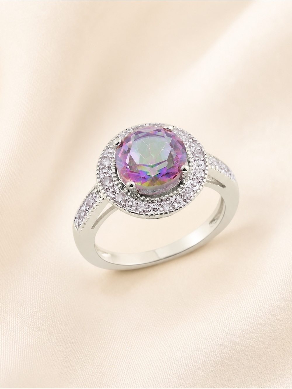Mystic Topaz Halo Ring 2.08ctw White CZ Silvertone Size 7 White Gold Plated